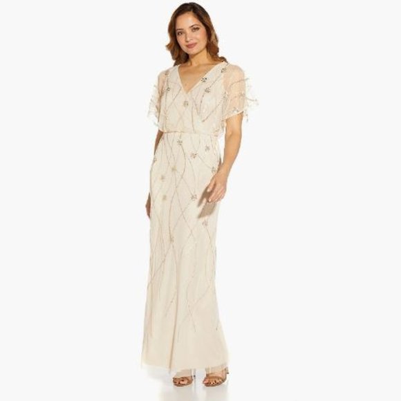 Adrianna Papell beaded surplice blouson gown in color soft silk NWT US 2 - Picture 1 of 7